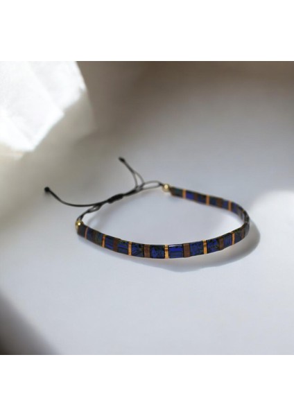 Tila Boncuklu Lacivert–altın–antik Sarı Unisex Ayarlanabilir El Yapımı Bileklik