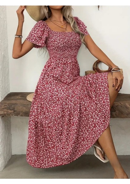 Ulak Handmader Kadın Kısa Kollu Gipe Detaylı Desenli Midi Süprem Elbise