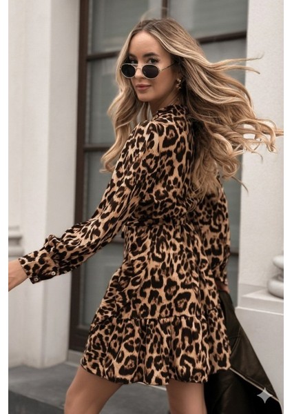 Ulak Handmader Kadın Uzun Kollu Kruvaze Yakalı Fırfırlı Belden Kuşaklı Leopar Desen Modal Elbise fiyatları