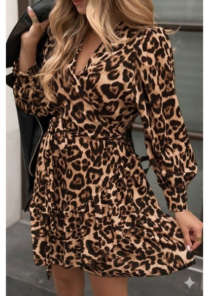 Ulak Handmader Kadın Uzun Kollu Kruvaze Yakalı Fırfırlı Belden Kuşaklı Leopar Desen Modal Elbise modelleri
