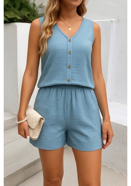Ulak Handmader Kadın Askılı Kolsuz V Yakalı Önden Düğmeli Bürümcük Bluz ve Short Ikili Takım