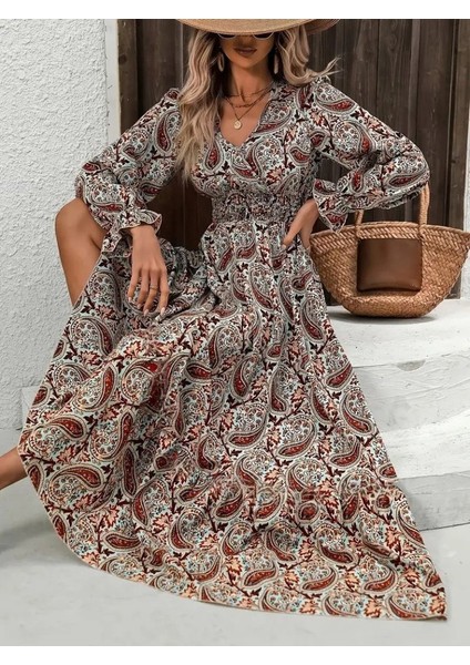 Ulak Handmader Kadın Uzun Kollu V Yakalı Beli Lastikli Desenli Süprem Elbise modelleri