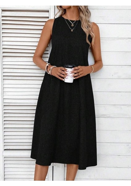 Ulak Handmader Kadın Kolsuz Bisiklet Yaka Cepli Midi Keten Elbise