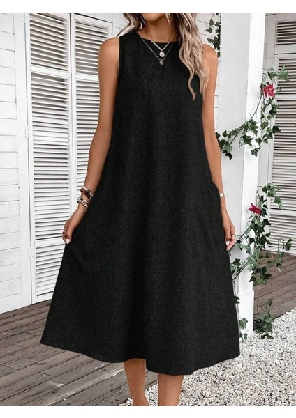 Ulak Handmader Kadın Kolsuz Bisiklet Yaka Cepli Midi Keten Elbise fiyatları