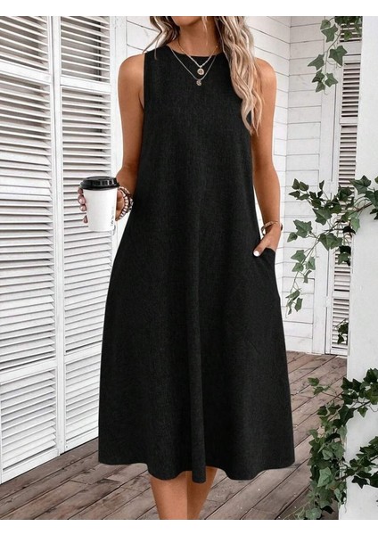 Ulak Handmader Kadın Kolsuz Bisiklet Yaka Cepli Midi Keten Elbise fırsatları