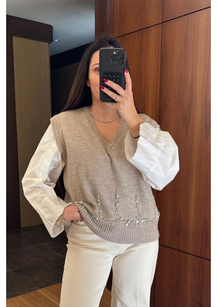 Taşlı V Yaka Orj Süveter- Taş