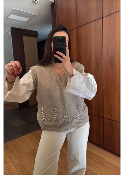 Taşlı V Yaka Orj Süveter- Taş fırsatları