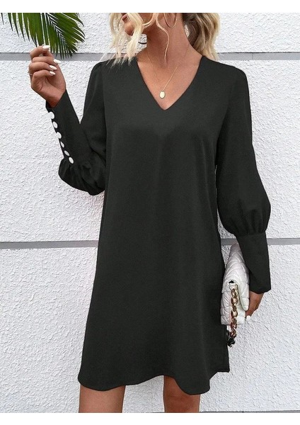 Ulak Handmader Kadın Uzun Kollu V Yakalı Kısa Ithal Krep Elbise