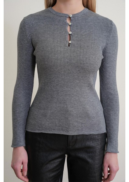 6982 Kadın Britli Detaylı Yumuşak Basic Kazak Gri modelleri