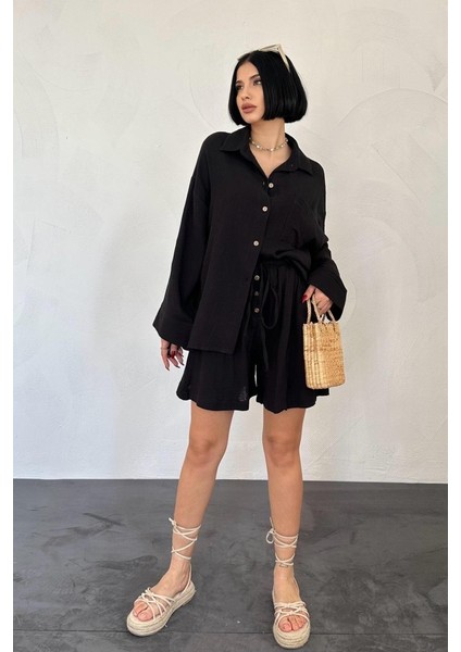 Ulak Handmader Siyah Gömlek ve Müslin Şort Takım