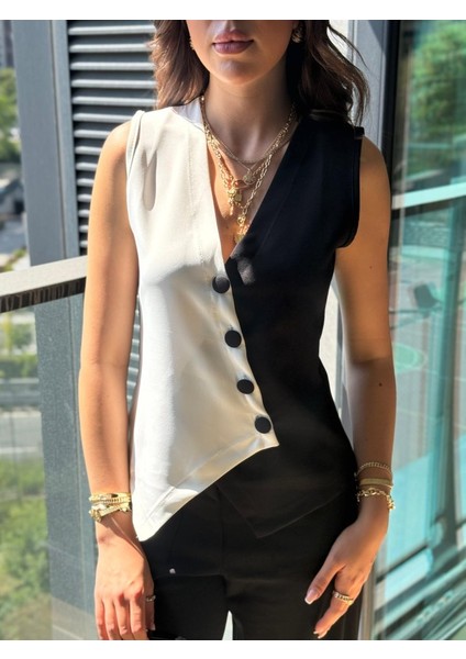 Ulak Handmader Kadın Sıfır Kol V Yakalı Düğmeli Blok Renkli Atlas Yelek fiyatları