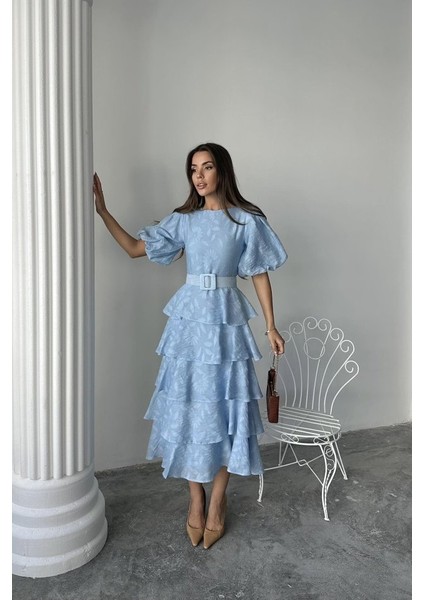 Ulak Handmader Bebe Mavi Kat Kat Balon Kollu Kemerli Elbise fiyatları