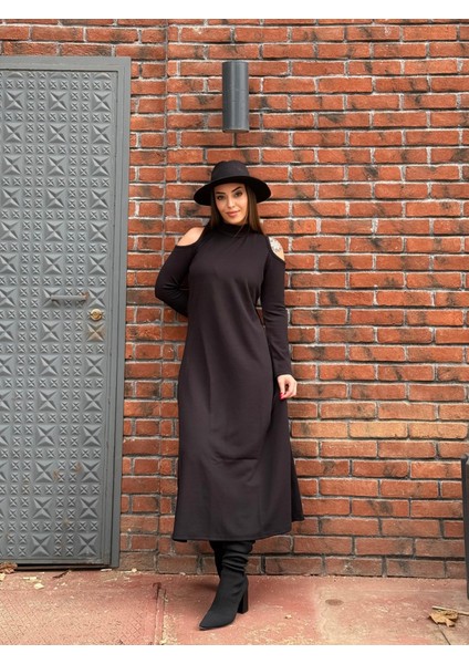 Ulak Handmader Kadın Balıkçı Yaka Omuzlardan Açık Uzun Kollu Janjan Krep Elbise