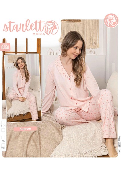 Pembe Yıldız Desenli Düğmeli Suprem Pijama Takımı