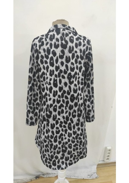 Ulak Handmader Kadın Uzun Kollu Yakalı Önden Düğmeli Leopar Desenli Modal Midi Elbise