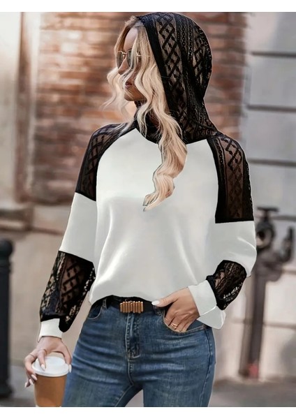 Ulak Handmader Kadın Uzun Kollu Dantelli Kapşonlu Viskon Iki Iplik Bluz