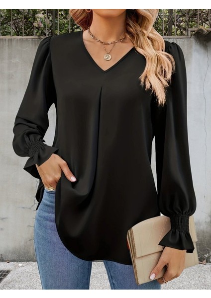 Ulak Handmader Kadın Uzun Kollu V Yakalı Salaş Ithal Krep Bluz