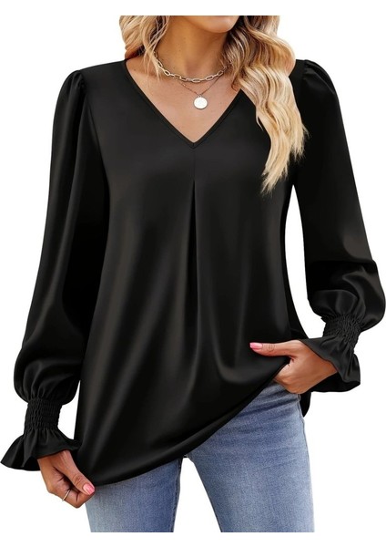 Ulak Handmader Kadın Uzun Kollu V Yakalı Salaş Ithal Krep Bluz indirimleri