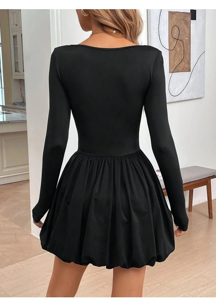 Ulak Handmader Kadın Uzun Kollu Kare Yaka Mini Balon Modal Elbise modelleri