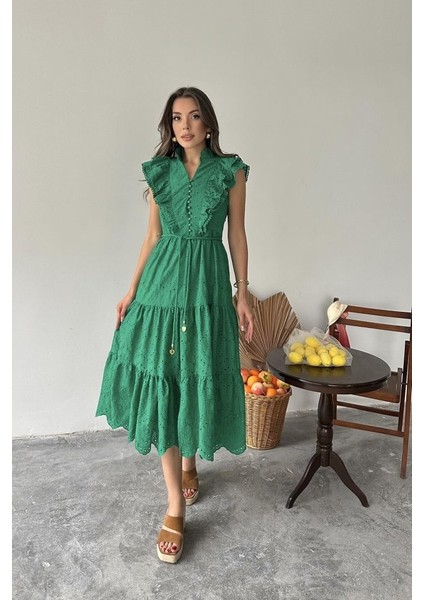 Ulak Handmader Zümrüt Fırfırlı Düğmeli Elbise fiyatları