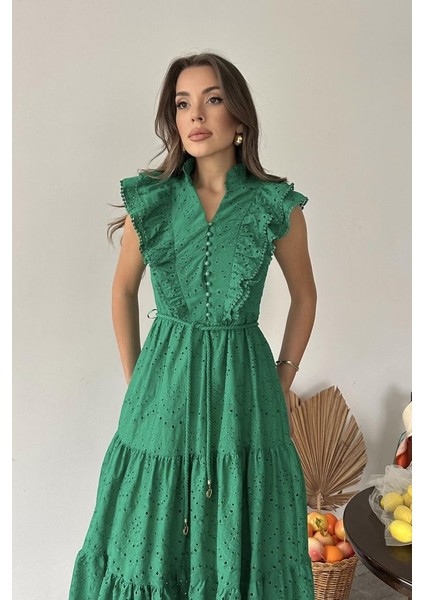 Ulak Handmader Zümrüt Fırfırlı Düğmeli Elbise fırsatları