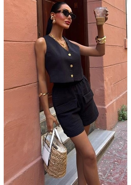 Ulak Handmader Mini Yelekli Şortlu Keten Takım 10176-08 modelleri