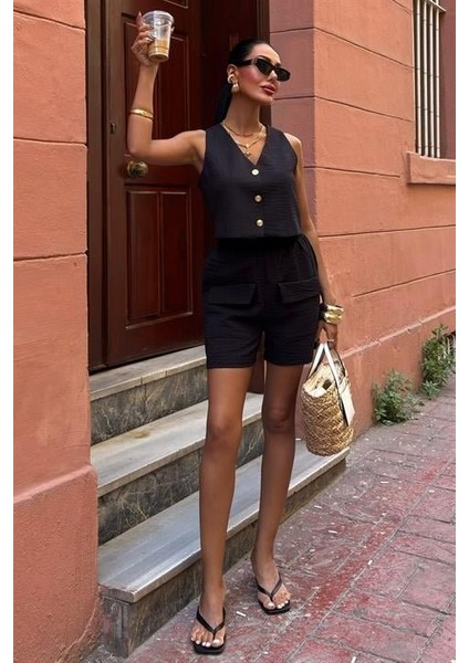 Ulak Handmader Mini Yelekli Şortlu Keten Takım 10176-08