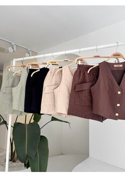 Ulak Handmader Mini Yelekli Şortlu Keten Takım 10176-08