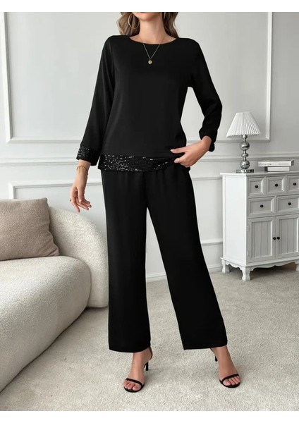 Ulak Handmader Kadın Uzun Kollu Bisiklet Yaka Pulpayetli Viskon Iki Iplik Bluz ve Pantolon Ikili Takım fiyatları