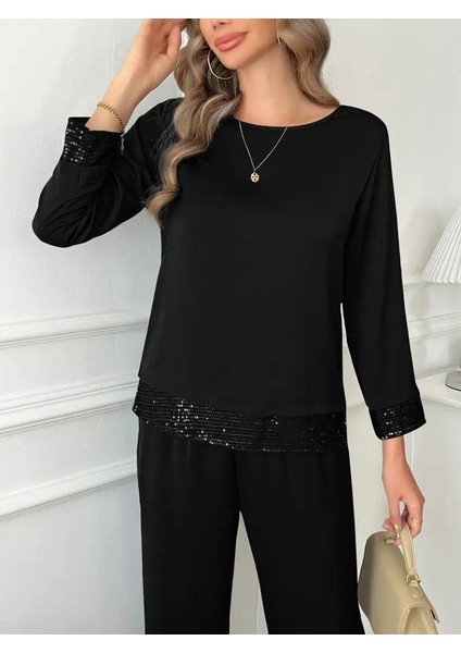 Ulak Handmader Kadın Uzun Kollu Bisiklet Yaka Pulpayetli Viskon Iki Iplik Bluz ve Pantolon Ikili Takım fırsatları