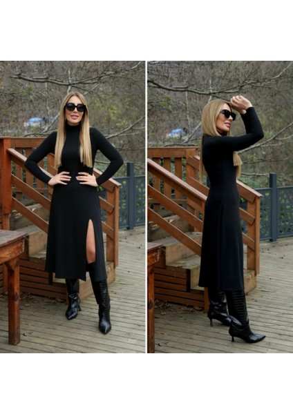 Ulak Handmader Kadın Uzun Kollu Balıkçı Yaka Derin Yırtmaç Detay Krep Elbise