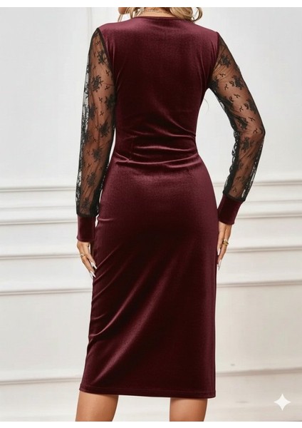 Ulak Handmader Kadın Uzun Kollu Kruvaze Yakalı Yandan Düğmeli Önden Çapraz Kesin Detaylı Midi Kadife Elbise modelleri