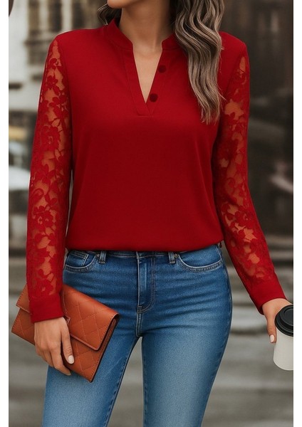 Ulak Handmader Kadın Uzun Kollu Yaka Düğme Detay Güpürlü Kol Krep Bluz