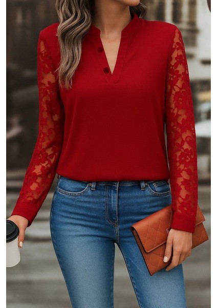 Ulak Handmader Kadın Uzun Kollu Yaka Düğme Detay Güpürlü Kol Krep Bluz modelleri