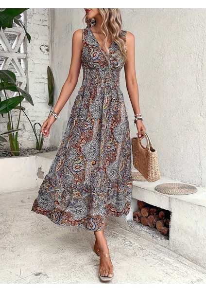 Ulak Handmader Kadın Beli Gipeli Etnik Desen Sıfır Kol Süprem Elbise