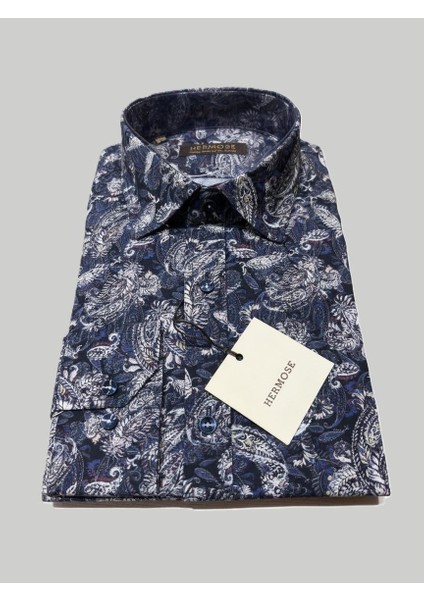 Lacivert Paisley Desenli Erkek Gömlek