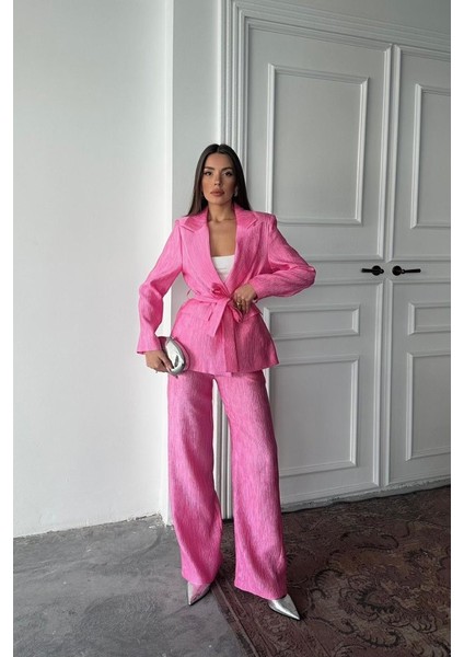Ulak Handmader Pembe Beli Kuşaklı Ceket ve Pantolon Parlak Takım