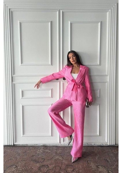 Ulak Handmader Pembe Beli Kuşaklı Ceket ve Pantolon Parlak Takım modelleri