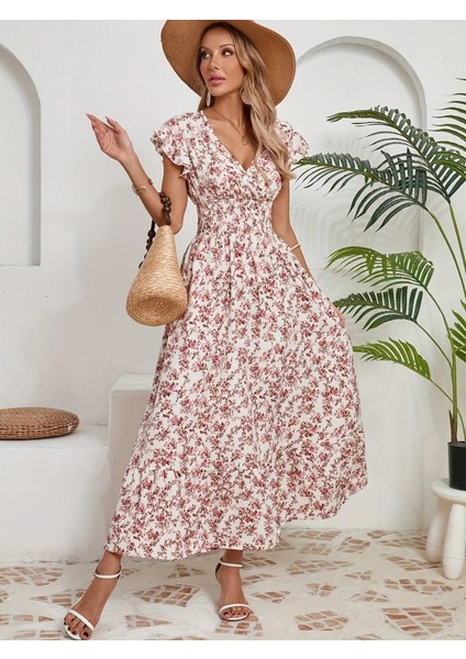 Ulak Handmader Kadın Kısa Kollu Kruvaze Yaka Beli Lastikli Çiçek Desenli Elbise fırsatları