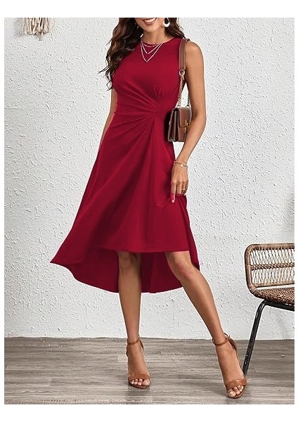 Ulak Handmader Kadın Sıfır Kollu Bisiklet Yaka Büzgülü Asimetrik Kesim Detaylı Janjan Krep Elbise