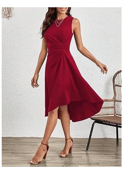 Ulak Handmader Kadın Sıfır Kollu Bisiklet Yaka Büzgülü Asimetrik Kesim Detaylı Janjan Krep Elbise fırsatları