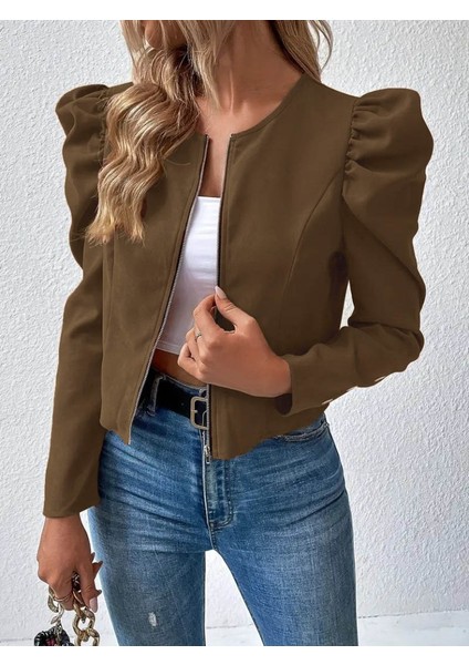 Ulak Handmader Kadın Uzun Kollu Önden Fermuarlı Balon Kol Süet Ceket