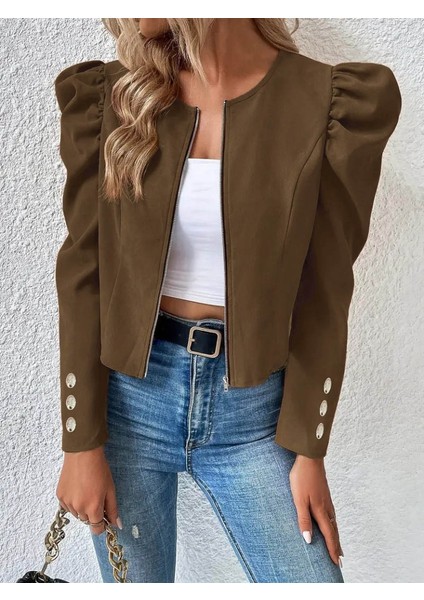 Ulak Handmader Kadın Uzun Kollu Önden Fermuarlı Balon Kol Süet Ceket fırsatları