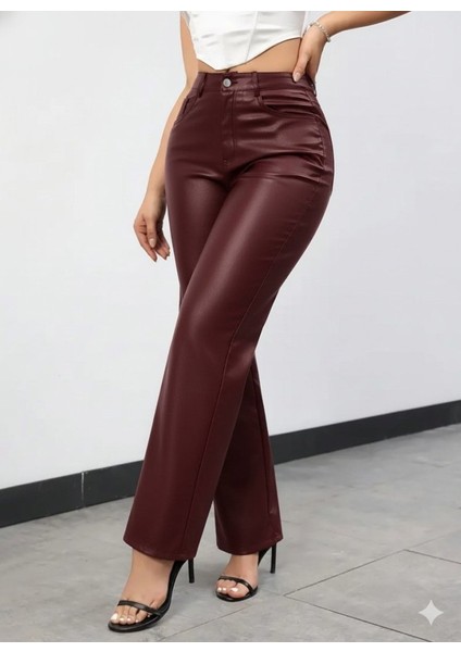 Ulak Handmader Kadın Yüksek Bel Cepli Deri Pantolon