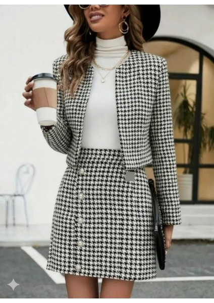 Ulak Handmader Kadın Uzun Kollu Önü Açık Dokuma Ceket ve Mini Etek Ikili Takım fırsatları