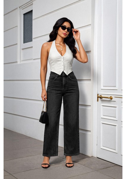 Kadın Gri Yüksek Bel Wide Leg Jean Pantolon