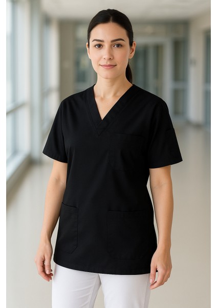 Mırach Med Kadın Tek Üst 4 Cepli Scrubs Forma - Siyah