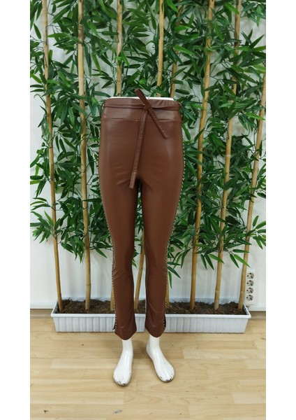 Ulak Handmader Kadın Yüksek Bel Yanlardan Incili Yırtmaçlı Uzun Deri Tayt