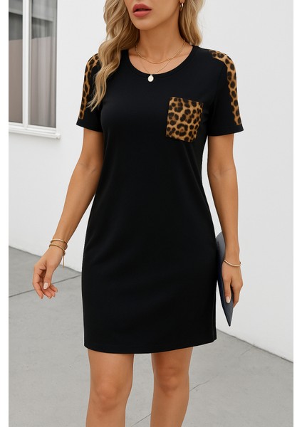 Ulak Handmader Kadın Kısa Kollu Yuvarlak Yaka Cepli Leopar Desen Detaylı Viskon Elbise