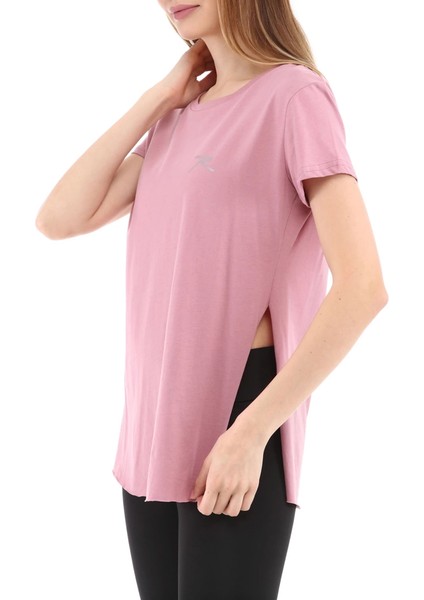 Kadın %100 Pamuk Bisiklet Yaka T-Shirt Fumus Pembe